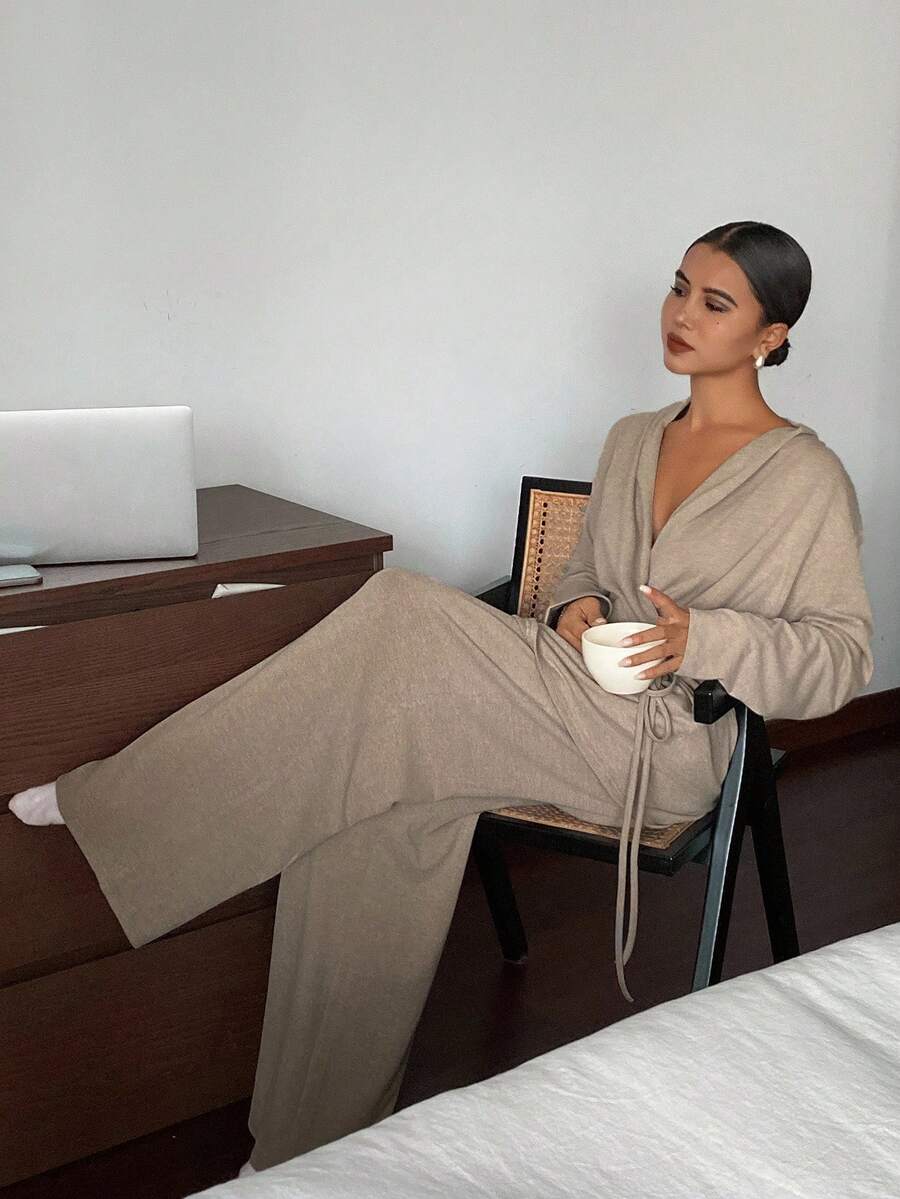 DAZY Minimalist Relaxed Fit Knit Women Lounge Set, Fall Winter Clothes, Cozy Outfits - Khaki - View 1