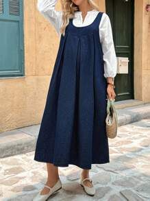 SHEIN Maternity Fall Autumn Back To School Homecoming Halloween Y2k Cute Birthday Outfit Night Out Going Out Club Outfit Airport Outfit Business Casual Woman Country Vintage Modest Old Money Business Casual Woman Work Clothes Teacher Outfits For Women Church Outfits Women Solid Color Casual Sleeveless Blue Denim Dress Can Be Worn In Two Ways: Front Or Back - Blue - View 4