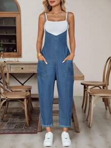 EMERY ROSE New Style Women's Denim Overalls Suspenders Loose Straight Jumpsuit Side Pockets And Jumpsuit Blue Jumpsuit Fall Women Clothes Back To School Halloween Going Out Cargo Pants Women Women Denim Jumpsuit Blue Jean Jumpsuit Women Summer Jumpsuit - Medium Wash - View 4