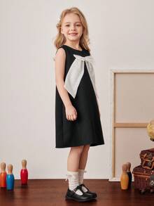 PrepCrw Young Girls' Elegant Sleeveless Round Neck Black Dress With Bow Decor,Summer Birthday Kids A-Line Formal Black And White Dress - Black and White - View 3
