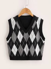 SHEIN Tween Girl Argyle Pattern Sweater Vest,In Fall/Winter - Black and White - View 1