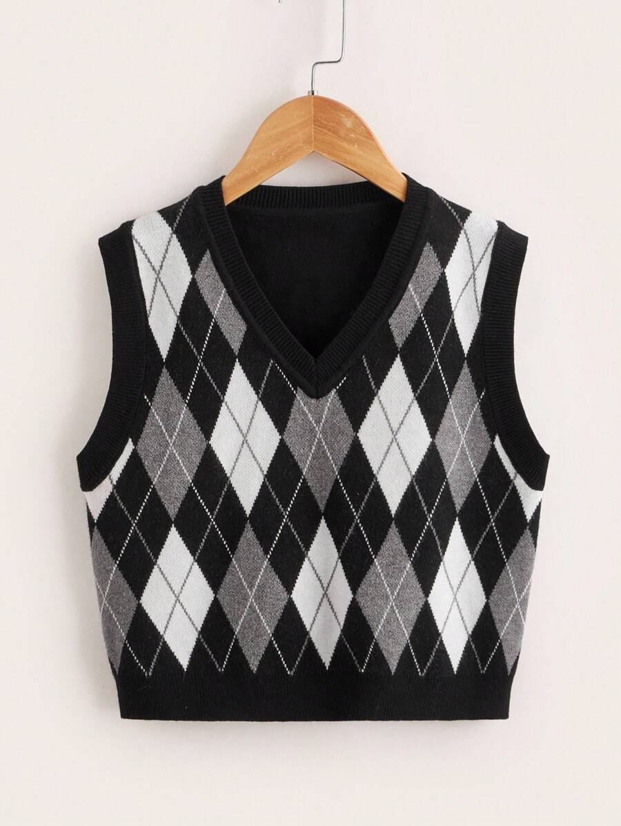 SHEIN Tween Girl Argyle Pattern Sweater Vest,In Fall/Winter - Black and White - View 1