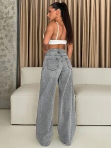 EURMUSE 休闲时尚百搭简约阔腿女式牛仔裤 - 中等水洗藍 - 查看 3