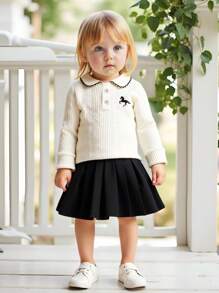 Souflis Souflis 2 件套女婴优雅可爱提花纹理针织长袖 Polo 领开衫上衣和松紧腰百褶裙套装，适合通勤、上学、休闲、度假、运动、家居、6 个月-3 岁、儿童/婴儿服装、返校、所有季节 - 杏色 - 查看 3