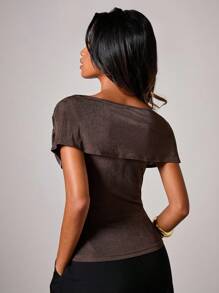 COSMINA Women's Elegant Off Shoulder Metal Buckle Blouse Dark Brown Top Brown Tops For Women Coffee Brown Top - Brown - View 2