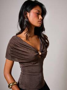 COSMINA Women's Elegant Off Shoulder Metal Buckle Blouse Dark Brown Top Brown Tops For Women Coffee Brown Top - Brown - View 5