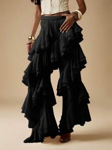MISSGUIDED 夸张荷叶边层叠雪纺阔腿裤，个性晚装，适合各种场合的阔腿裤，适合派对穿着 - 黑色 - 查看 3