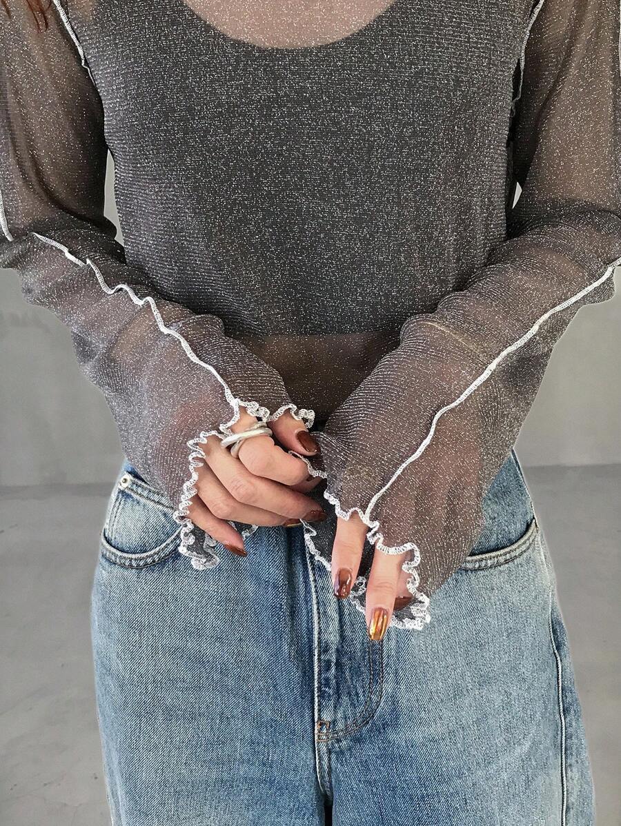 FRIFUL Women's Round Neck Long Sleeve Contrast Color Line Decor Loose Casual Sheer Mesh Fabric Layered Top, Autumn