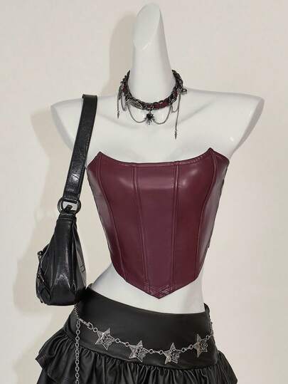 SHEIN ICON 女士纯色简约抹胸 PU 皮革 Y2k 节日派对新年勃艮第红上衣，休闲日常穿着