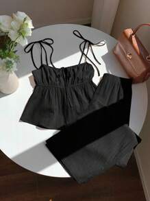 SHEIN EZwear 2件套大码女式休闲黑色细肩带上衣和宽松裤子套装 - 黑色 - 查看 1