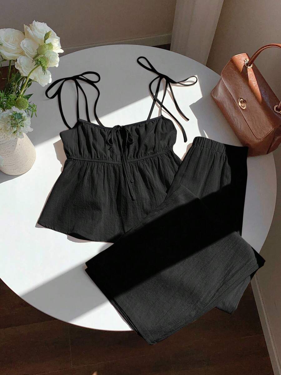 SHEIN EZwear 2件套大码女式休闲黑色细肩带上衣和宽松裤子套装 - 黑色 - 查看 1