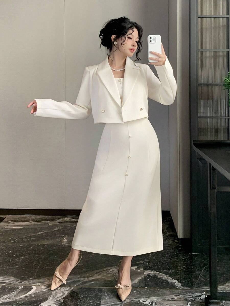 DAZY Women's Solid Color Lapel NeckLong Sleeve Double-Breasted Jacket And Dress Elegant Suit Set Buisness Attire - White - View 1