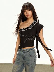 Rina Fox Top Casual Feminina com Babado, Aplicação de Strass e Ombros Abertos - Preto - Visão 3