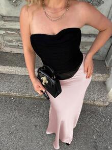 Jeta Ari 女士纯色高腰鱼尾下摆优雅时尚半身裙，女士生日半身裙，女士超长半身裙，女士生日半身裙，女士夏季服装，紫色缎面优雅超长半身裙 - 淺粉色 - 查看 5