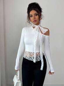 INAWLY Blusa asimétrica de manga larga con escote halter, parches de encaje francés sexy y cordones, para otoño/invierno - Blanco - Ver 3