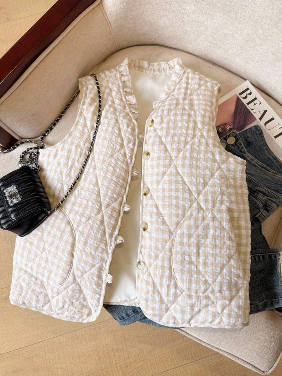 SHEIN Frenchy Women's Plaid Single-Breasted Ruffle V-Neck Casual Vest Jacket, Winter,Fall Clothes For Women,Winter Jacket Women, Casual