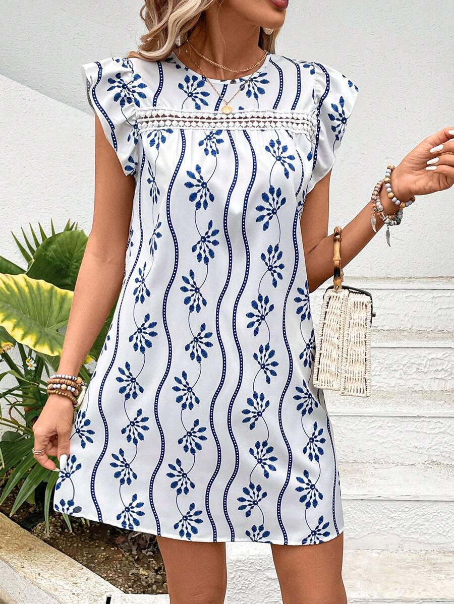 SHEIN VCAY Women's Butterfly Sleeve Floral Print Dress - White - View 1