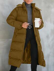 EURMUSE 女士纯色长款保暖连帽棉服外套，冬季休闲装 - 駝色 - 查看 1