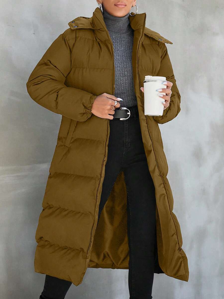EURMUSE 女士纯色长款保暖连帽棉服外套，冬季休闲装 - 駝色 - 查看 1