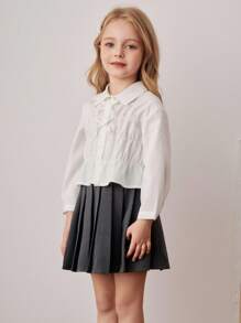 PrepCrw Blusa de manga larga con volantes, botones y decoración de lazo en estilo preppy para niñas jóvenes - Blanco - Ver 3