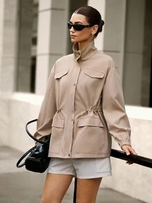 Hanevo Women's New Casual Waist Cinched Long Sleeve Jacket Fall Winter Cloth For Women - Khaki - View 4