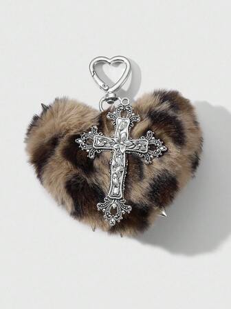 Kawaii 1 pièce Porte-clés style Y2K rétro punk goth, en fausse fourrure marron imprimé léopard avec rivets, pendentif en forme de cœur 3D et croix, convient pour les femmes, port quotidien ou cadeau