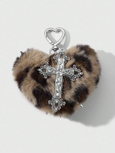 Kawaii 1 pezzo Portachiavi stile retrò Y2K punk goth, in finta pelliccia leopardata marrone con rivetti, pendente a forma di cuore 3D e croce, adatto per donne, uso quotidiano o regalo, Ognissanti