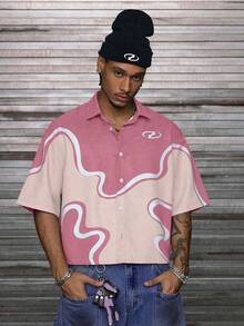 AXEPEAK 男式宽松翻领短袖数码印花衬衫 - 粉色 - 查看 5