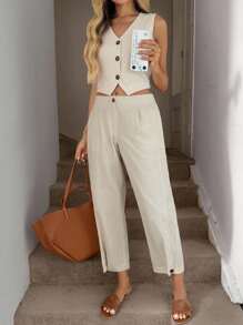 SHEIN LUNE Camisa sin mangas de mujer de unicolor con escote en V y abotonadura sencilla para oficina