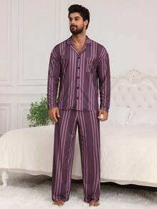 DAZY Conjunto de camisa a rayas multicolor y ropa de estar en casa para hombre, ropa de otoño y pijama - Multicolor - Ver 3