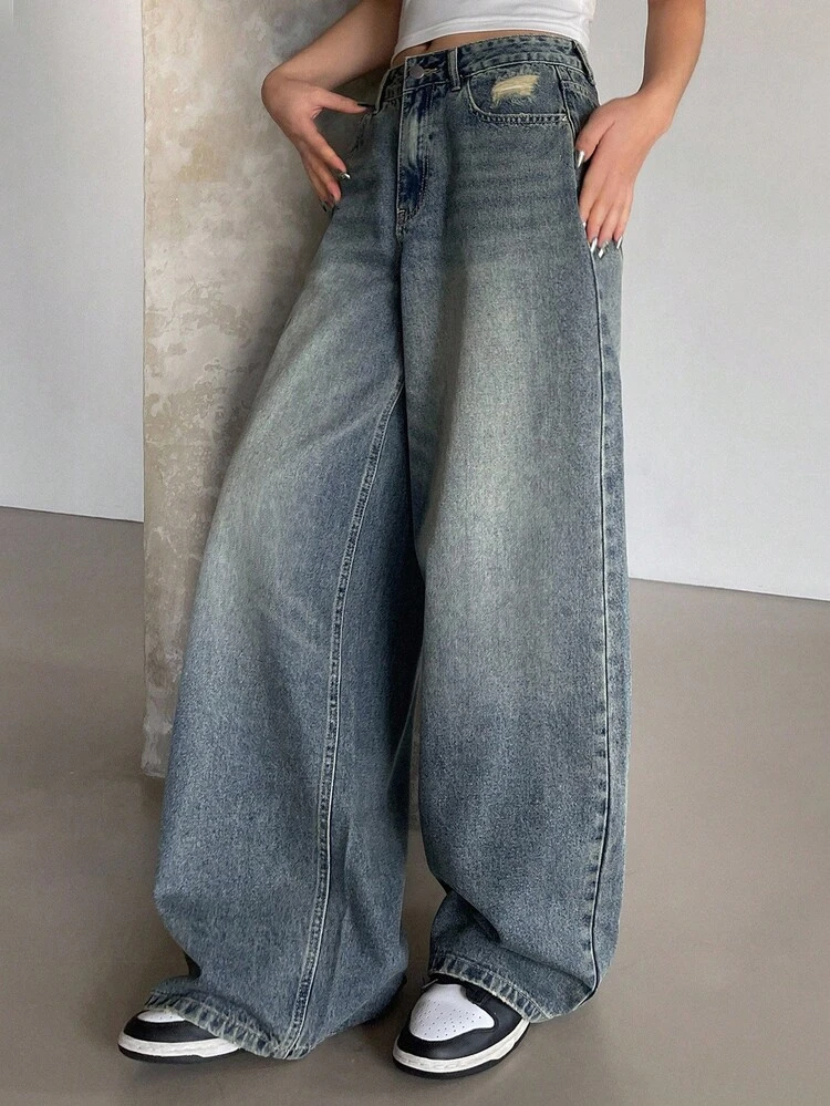 Women's TALL Distressed Decor Loose Straight Leg Jeans, Casual Street Style Pants