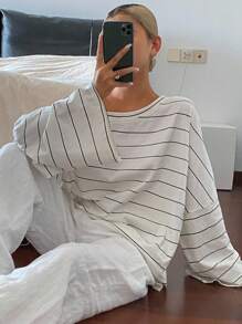 DAZY 女式条纹不对称领口宽松休闲街头风格T恤秋季上衣 - 黑與白 - 查看 6