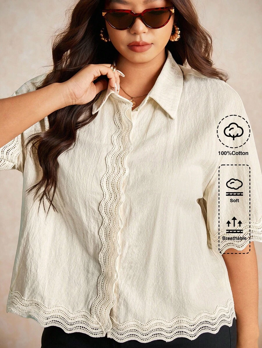 Elaquor 大码休闲蕾丝拼布长袖开衫衬衫 - 杏色 - 查看 1