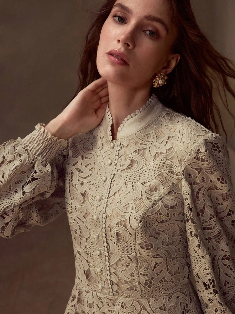 chinese dress ladies Women's Long Dress with Sleeve / Elegant Lace Hollow Out Summer Dresses