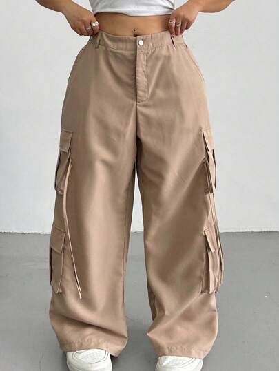 SHEIN Tall CURVE Damen Cargo Hose in Große Größen mit weitem Bein, lockere Passform und Taschen, Unifarben