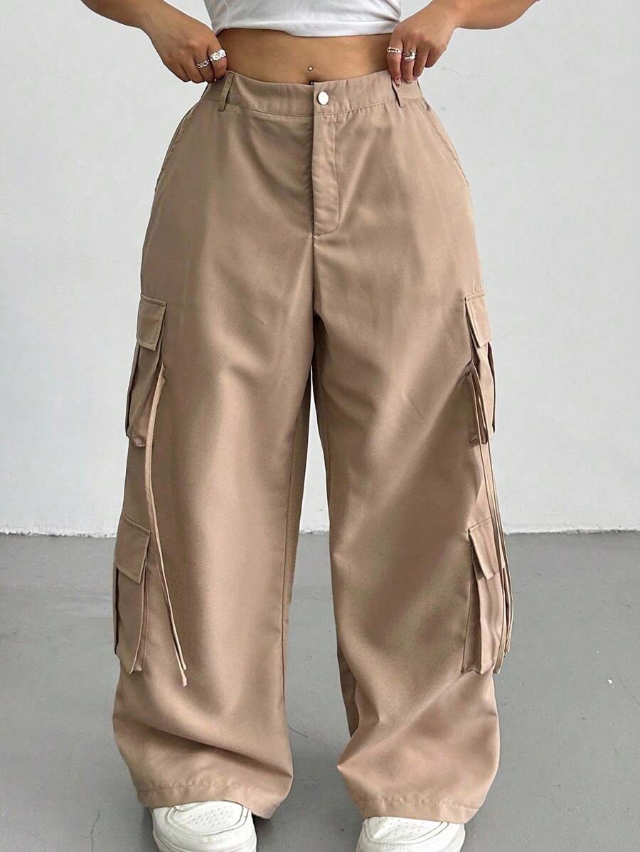 SHEIN Tall CURVE Pantalones casuales holgados de pierna ancha con bolsillos cargo de unicolor para mujer de talla grande - Caqui - Ver 1