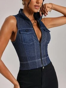 Flexra Women's Stand Collar Zip Front Fitted Denim Vest Jacket - Dark Wash - View 6