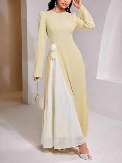 Veilorie 女士优雅阿拉伯风格花卉装饰撞色圆领长袖连衣裙