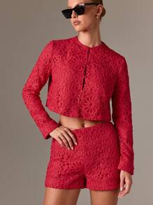 AiiRZ Crochet Lace Co Ord Set Floral Pattern Buttoned Crop Top High Waist Shorts Festival Summer Beach Party Occasion Two Piece Outfit - Red - View 1