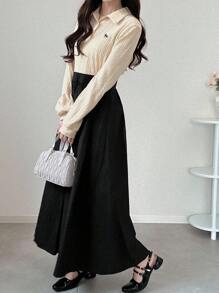 FRIFUL Đầm dài thường ngày họa tiết chắp vá màu đen trơn tương phản, cổ áo vải họa tiết, eo rộng rãi, đa năng, thu/đông - Màu be - Xem 2