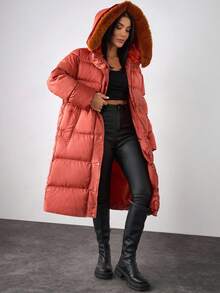 EURMUSE Solid Color, Faux Fur Hooded, Zip Up Winte Coar - Bronze - View 4