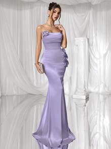 Coutiva 优雅性感褶皱抹胸下摆手工花朵设计美人鱼下摆晚礼服，适合婚礼宾客、生日派对、晚宴、鸡尾酒会、毕业典礼 - 紫色 - 查看 10