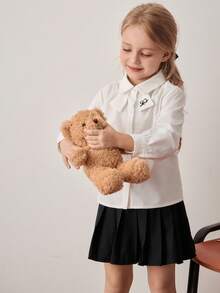 PrepCrw 年轻女孩学院风字母刺绣翻领前扣长袖衬衫 - 白色 - 查看 6