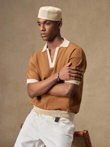 AKNOTIC Men's Casual Polo Collar Short Sleeve Knit Top - Apricot - View 1
