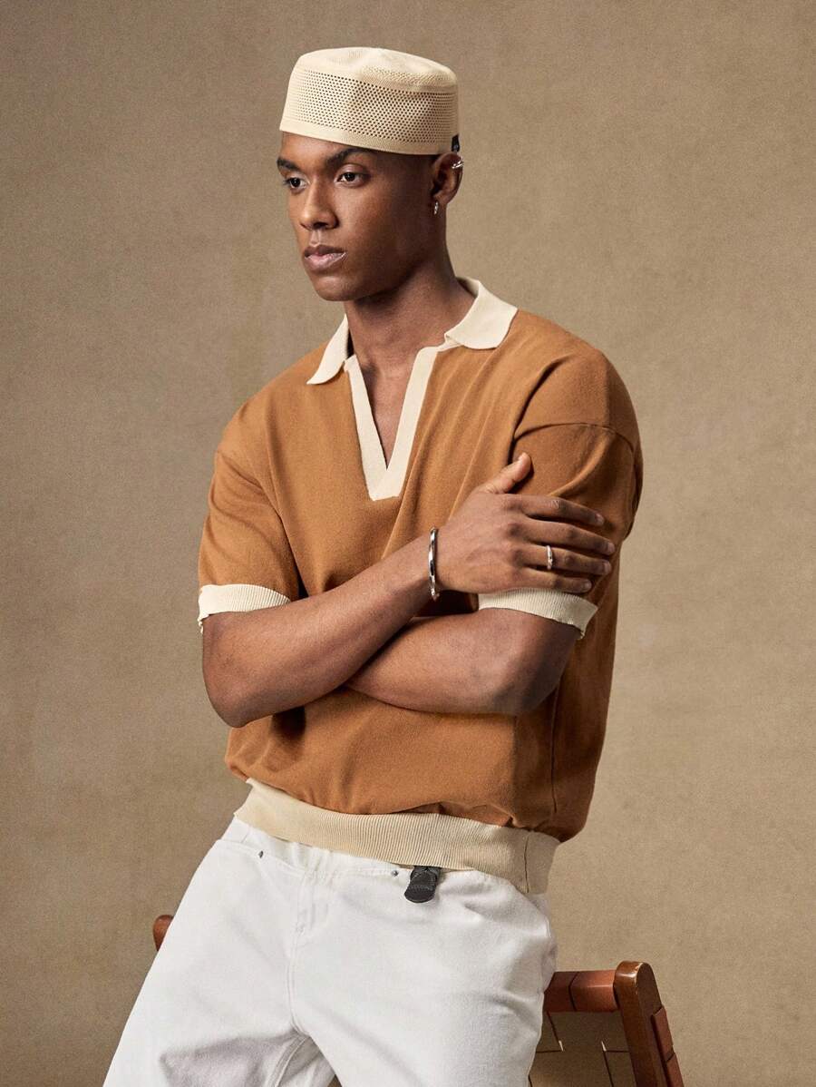 AKNOTIC Men's Casual Polo Collar Short Sleeve Knit Top - Apricot - View 1