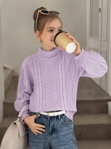 SHEIN Tween Girl Turtleneck Cable Knit Lantern Sleeve Sweater,In Fall/Winter - Lilac Purple - View 4