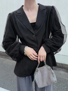 FRIFUL Women's Solid Color Lapel Neck Splice Mesh Long Sleeve Elegant Blazer, Fall Women Clothes Jackets For Women Jacket For Women Cropped Blazer Black Blazer Women Mesh Sleeve Blazer Black Crop Jacket Blazers For Women Sheer Sleeve Blazer Business Attire