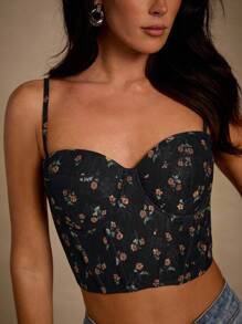 Glamine 夏季假日花卉印花蕾丝紧身胸衣鱼骨结构修身吊带背心图案 T 恤女式上衣 - 黑色 - 查看 5