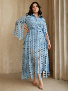 Anewsta Plus Size Women's Summer Long Dress, 3/4 Sleeve, Blue Circular Pattern, A-Line Elegant Shirt Dress