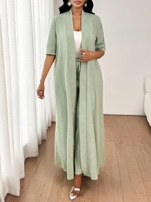SHEIN Lady 女士优雅休闲通勤度假简约纯色长款开衫外套搭配宽松直筒裤两件套四季皆宜 - 綠色 - 查看 4